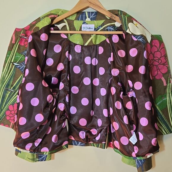 3 Sisters Linen Blend Floral Cropped Blazer Jacket Sz XL Cotton 3/4 Sleeve Boxy - Picture 12 of 16